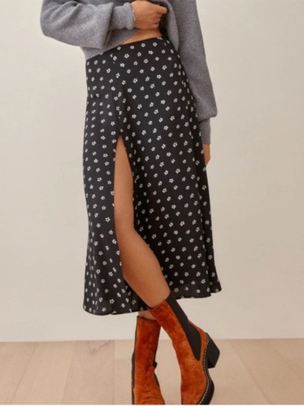 Reformation Zoe Midi Skirt Black Floral Side-Slit NWOT 6